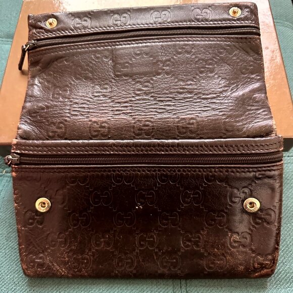 AUTHENTIC GUCCI LOGO EMBOSSED FLAP BI-FOLD LONG WALLET LEATHER PREOWNED BROWN - Picture 3 of 8